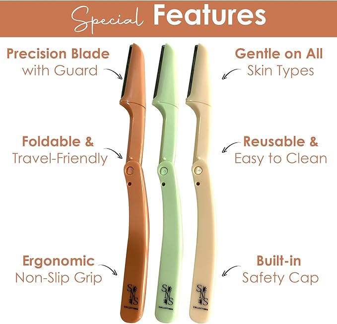 Eyebrow Razor - Premium Facial Hair Remover for Women, Smooth Dermaplaning Tool, Gentle & Safe, Stainless Steel, Compact Design for Travel & Daily Use (3-Pack)