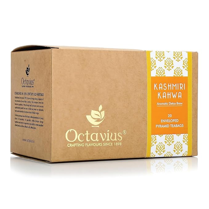 Octavius Enveloped Kashmiri Kahwa Green Teabags | Aromatic Detoxing & Immunity Boosting - 20 Easy to Use Pyramid Tea Bags | Mothers Day Tea Gift Box