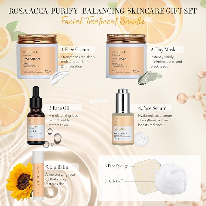 Skin Care Set for Women - Rosa Acca 28pcs Facial Kit at Home, Birthday Gifts Orange Vitamin C, Spa Gift Baskets for Women with Face Cream, Bath Oil, Mothers Day