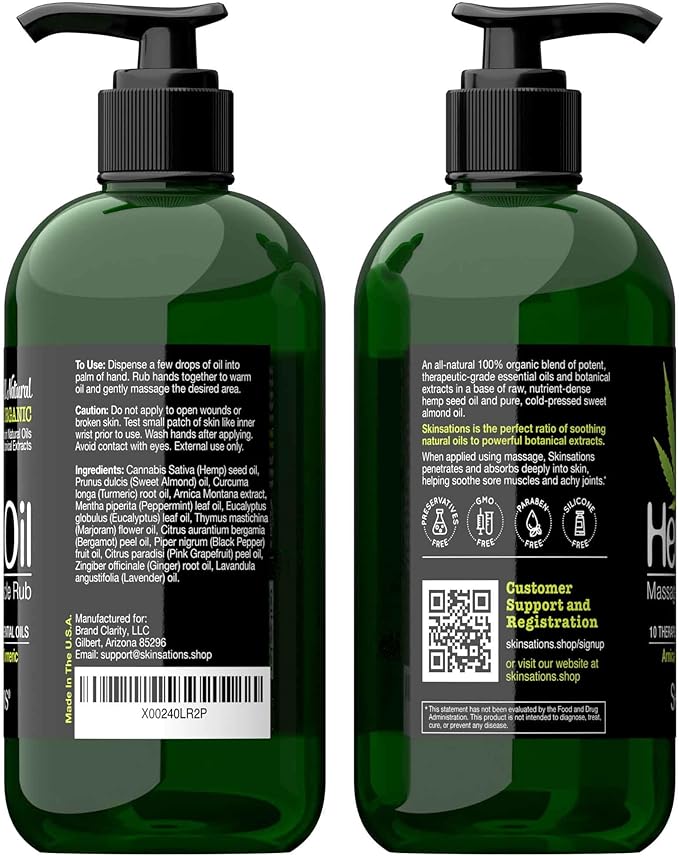 Skinsations – Hemp Massage Oil & Sore Muscle Rub | 100% Organic, 10 Essential Oils for Natural Relief, Arnica, Turmeric, Peppermint, Lavender in a Sweet Almond Oil and Hemp Seed Oil Base