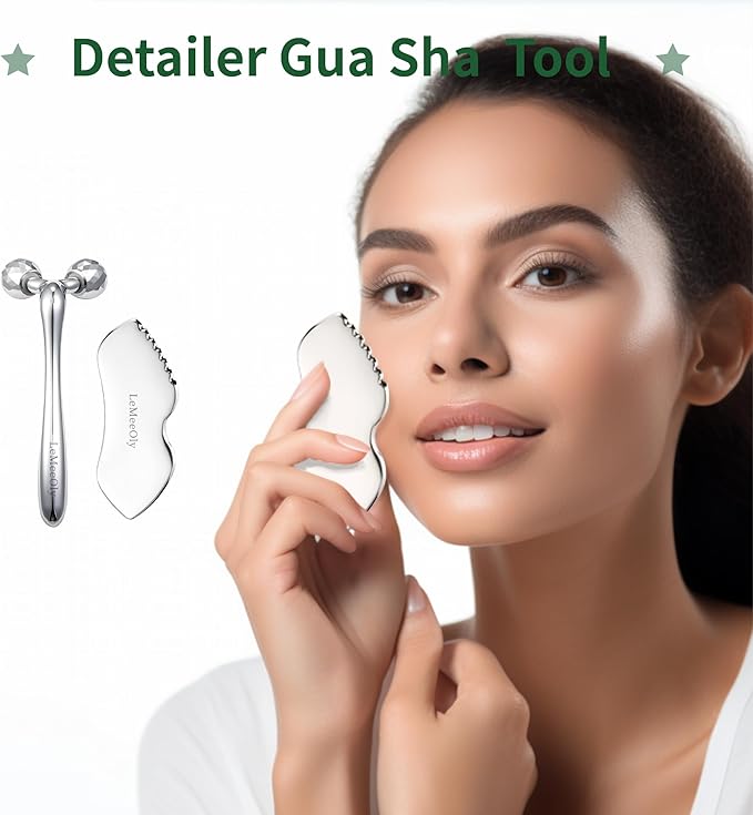 Gua Sha Facial Tools Stainless Steel & Face Roller Massager Skin Set, Metal Guasha Facial Roller Massage Tool Natural Skin Care for Face Neck Body, Reduce Puffiness Remove Wrinkles, Gift for Women