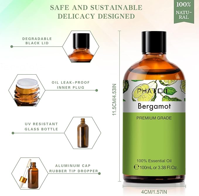 3.38FL.OZ Bergamot Essential Oil, for Aromatherapy Diffusers, Humidifiers, Great for DIY Candle and Soap Making, Huge 100ML Bottle