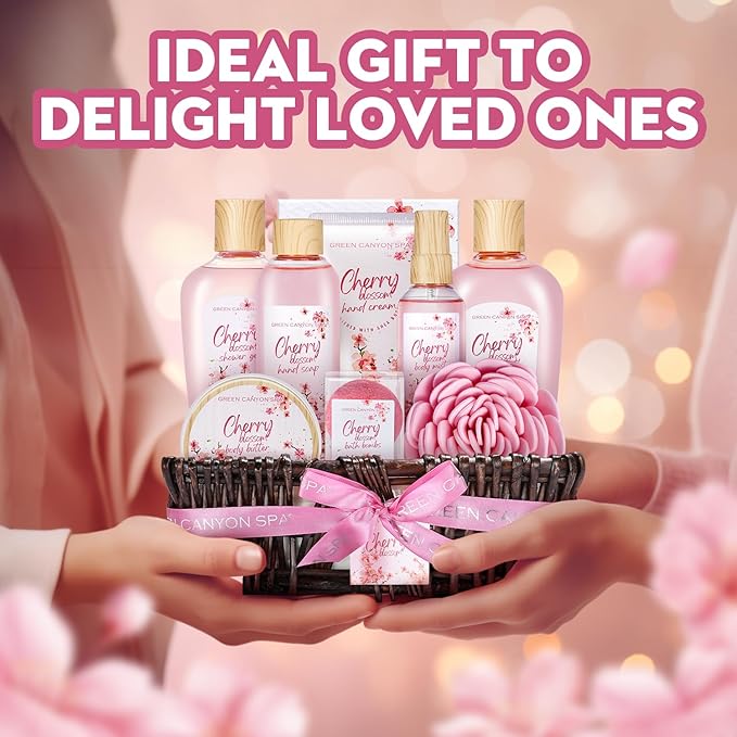 Green Canyon Spa Gift Baskets for Women Cherry Blossom Bath and Body Work Gift Set with Bubble Bath,Body Lotion Spa Gifts for Women Mothers Day Gifts for Mom