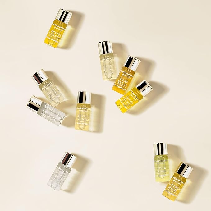 Aromatherapy Associates Essential Oil Blends for Dry Skin Oil & Body Oil for Men & Women, Luxury Shower Oil for Daily Aromatherapy Bath & Body Care, 10 Pack (0.10fl oz Each), Decorative Gift Box