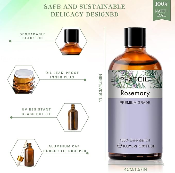 Rosemary 3.38fl.oz Essential Oil, PHATOIL Aromatherapy Essential Oils for Diffuser, Humidifier, Perfect for DIY Soap, Candle, Bath Bombs Making(100ml)