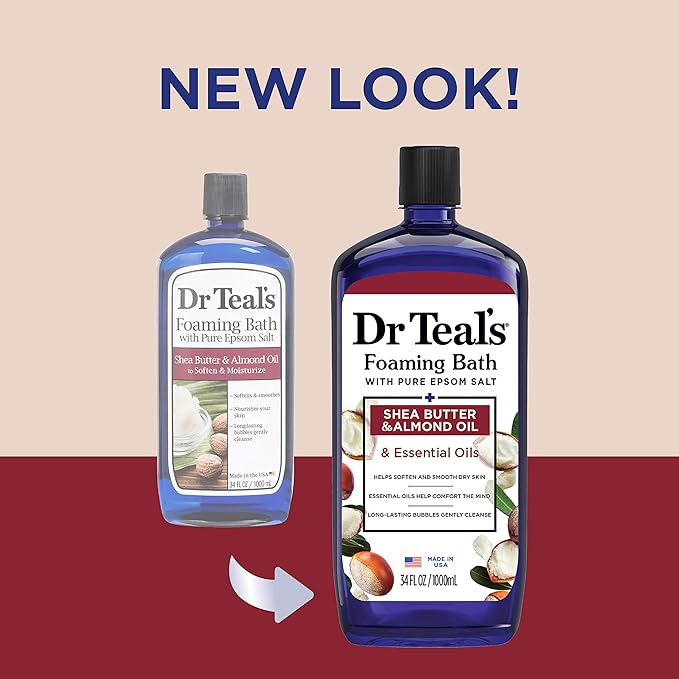 Dr Teal's Foaming Bath with Pure Epsom Salt, Shea Butter & Almond, 34 fl oz (Pack of 4) (Packaging May Vary) & Pure Epsom Salt Soak, Soothe & Comfort with Oat Milk & Argan Oil, 3 lbs