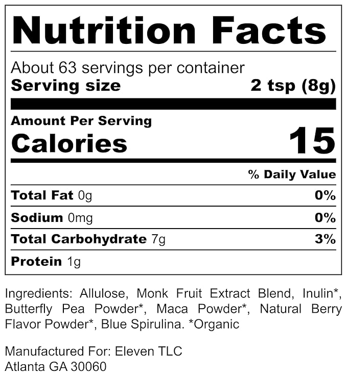 Eleven TLC, Berry Well Superfood Wellness Drink Latte + Mix, Caffeine-Free, or Herbal Tea, Blue Spirulina, Blue Butterfly Pea Flower, Organic Maca, Keto Friendly, Vegan, 63 Servings