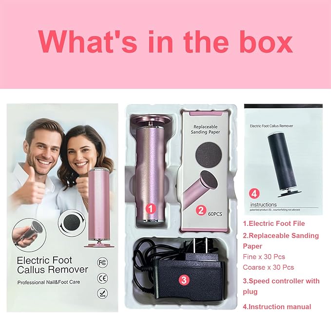 Electric Foot File - High Torque,Callus Remover for Feet,Adjustable Speed Foot File with 60 Pcs Sandpaper Discs,Professional Pedicure Tool for Dead Skin and Calluses (Red)