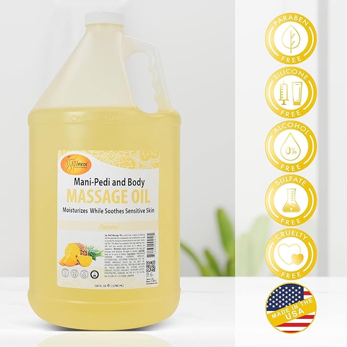 SPA REDI - Massage Oil, Pineapple, 128 Oz - Professional Pedicure, Manicure, Full Body Massage Therapy, Made with Almond Oil, Cotton Seed Oil, Sunflower Oil, Avocado Oil, Essential Oils, Vitamin E