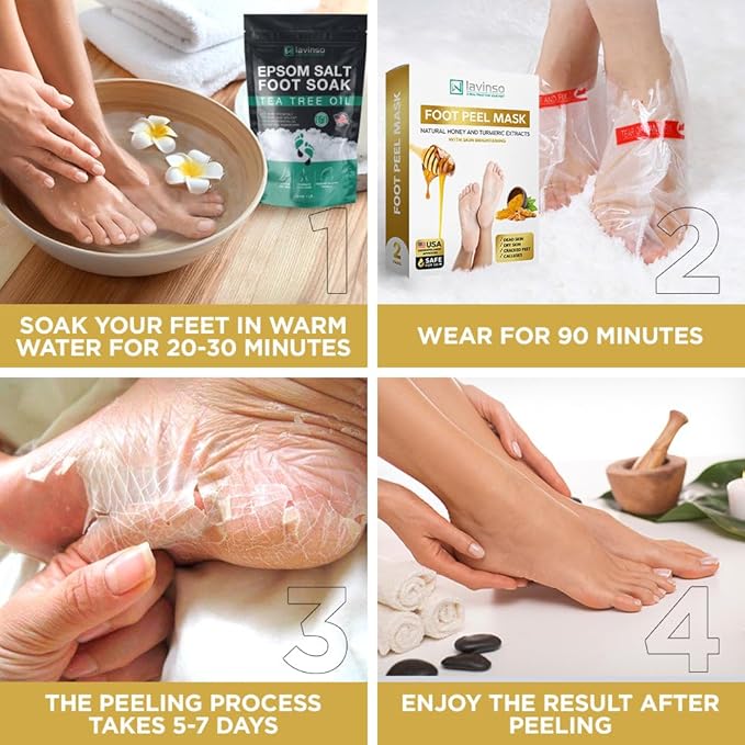 Lavinso Honey Feet Peeling Mask for Dry Cracked Feet - 2 Pack - with Kojic Acid Skin Brightening Effect - Exfoliating Dead Skin and Calluses - Foot Peel Mask for Baby Soft Feet
