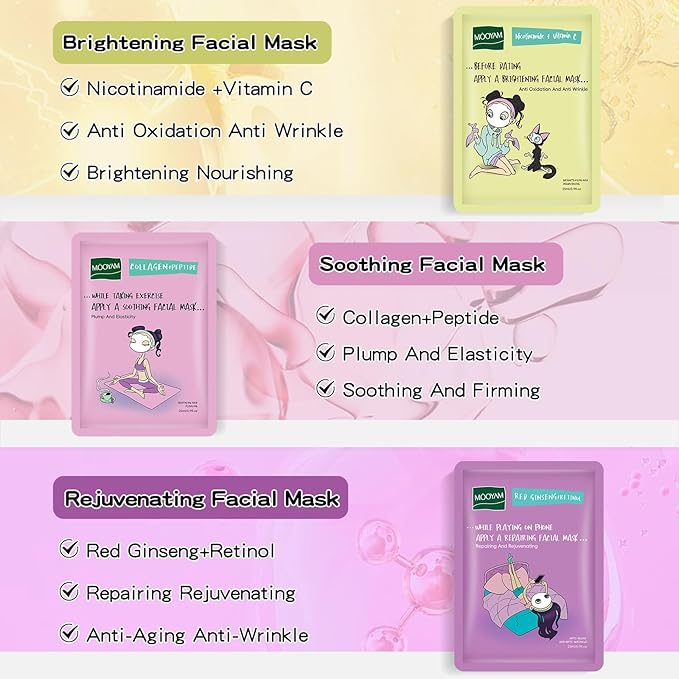 Face Masks Skincare Set for Girl,Moisturizing Collagen Facial Masks for Women Home Spa,Hyaluronic Acid Face Mask for All Skin Types,Day Night Facial Mask Hydrating,Deep Cleaning,Oil Contral(12Pack)
