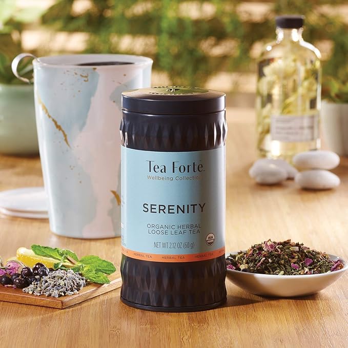 Tea Forte Serenity Premium Organic Loose Leaf Caffeine-Free Herbal Tea Blend Canister, Makes 35-50 Cups, Tea Gifts for Mother's Day