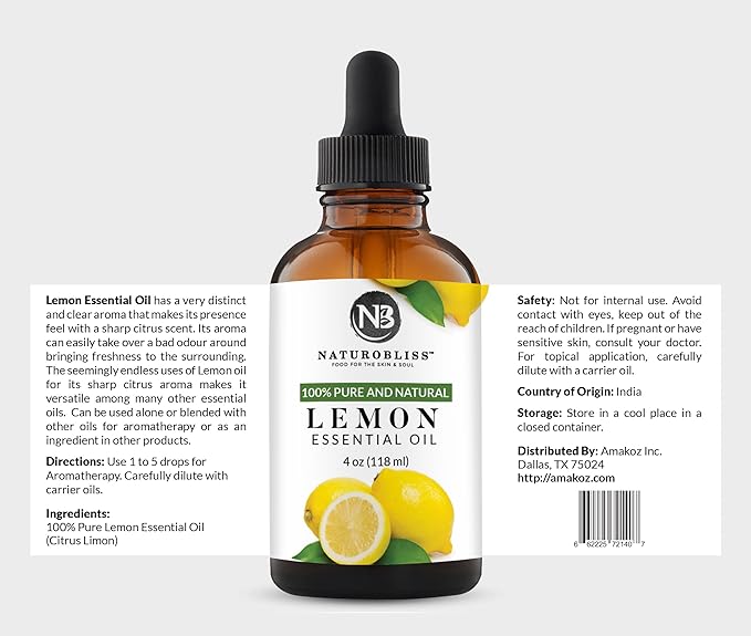NaturoBliss 100% Pure Lemon Essential Oil Therapeutic Grade Premium Quality (4 fl. oz) with Glass Dropper, Perfect for Aromatherapy