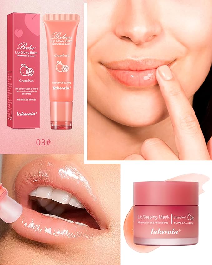 2Pcs Lip Glowy Balm & Lip Sleeping Mask,Hydrating Repair Sleeping Lip Mask,Glossy Tinted Lip Balm,Smooth Cracked Chapped Lip,Lip Care Therapy Treatment,Women's Day Makeup Gift for Women-Grapefruit
