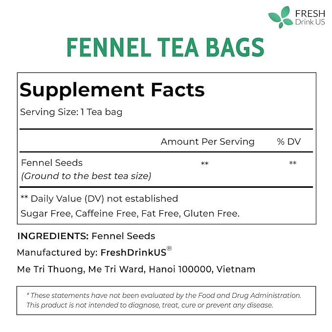 FreshDrinkUS Premium 200 Fennel Tea Bags, 100% Natural & Pure From Seeds. Herbal Tea Made With Natural Material Bags. No Sugar, No Caffeine, No Gluten, Vegan.