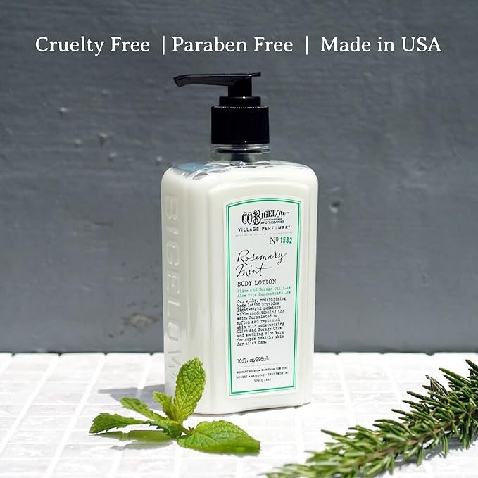 C.O. Bigelow Rosemary Mint Moisturizing Body Lotion for Women and Men, Village Perfumer Lotion with Olive Oil, Borage Oil, and Aloe Vera, 10 fl oz