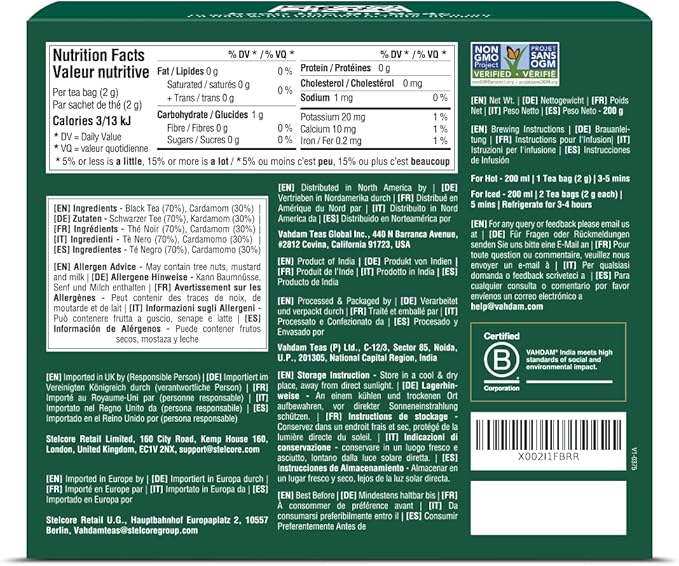 VAHDAM, Cardamom Masala Chai Tea Bags (100 Count) Non GMO, Gluten Free, No Artificial Flavor | Blended w/Exotic Spices | Chai Tea | Resealable Ziplock Pouch