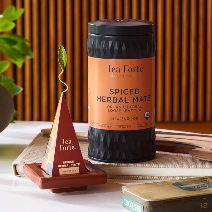 Tea Forte Spiced Herbal Maté Premium Organic Loose Leaf Caffeinated Herbal Tea Blend Canister, Makes 35-50 Cups, Tea Gifts for Mother's Day