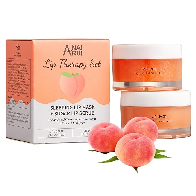 ANAI RUI Lip Mask & Lip Scrub Set, Lip Care Kit, Gift For Mother Girls, Overnight Lip Treatment with Lip Sleeping Mask & Sugar Lip Exfoliator Scrub, Lip Moisturizer for Dry, Chapped, Dark Lips, Peach