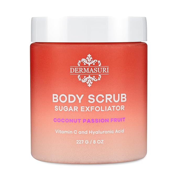 Dermasuri Exfoliating Sugar Scrub - Body Scrubber for Men & Women - Exfoliates & Removes Dead & Dry Skin for a Soft & Radiant Glow - Deep Hydration & Moisture - Coconut Passion Fruit