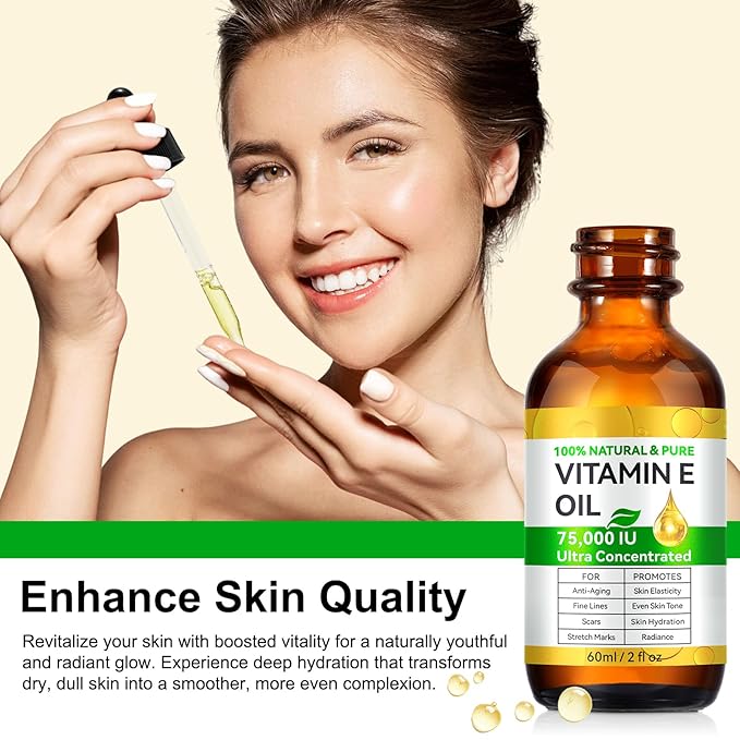 Pure Vitamin E Oil, 60ML Natural Organic Vitamin E Oil for Skin, Face and Scars, Body Massage Moisturizing Dry Skin, Nourish Hair and Scalp, 2 fl.oz