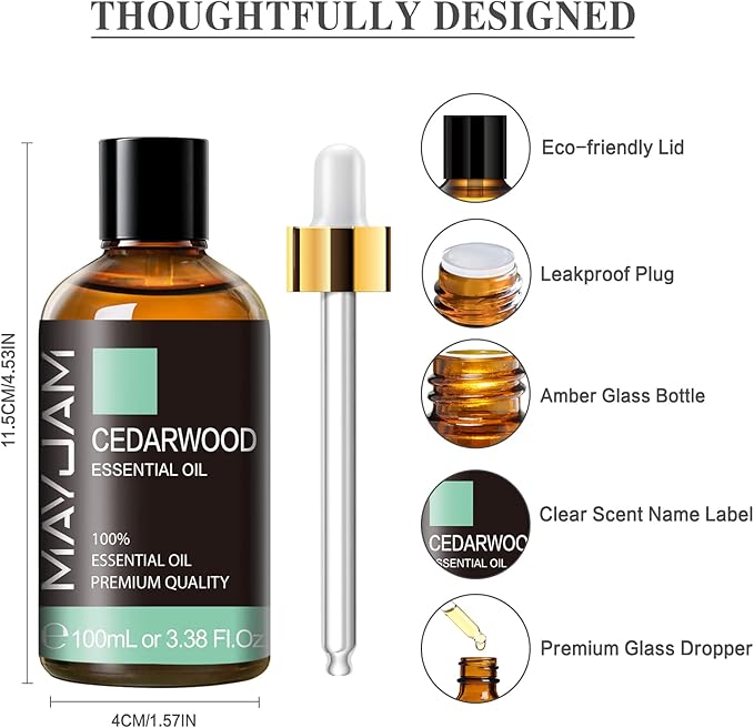Cedarwood Essential Oil 100ML/3.38FL.OZ, MAYJAM Premium Grade Cedarwood Oil Essential Oils with Glass Dropper, Great for Aromatherapy Diffuser and DIY Soap Making