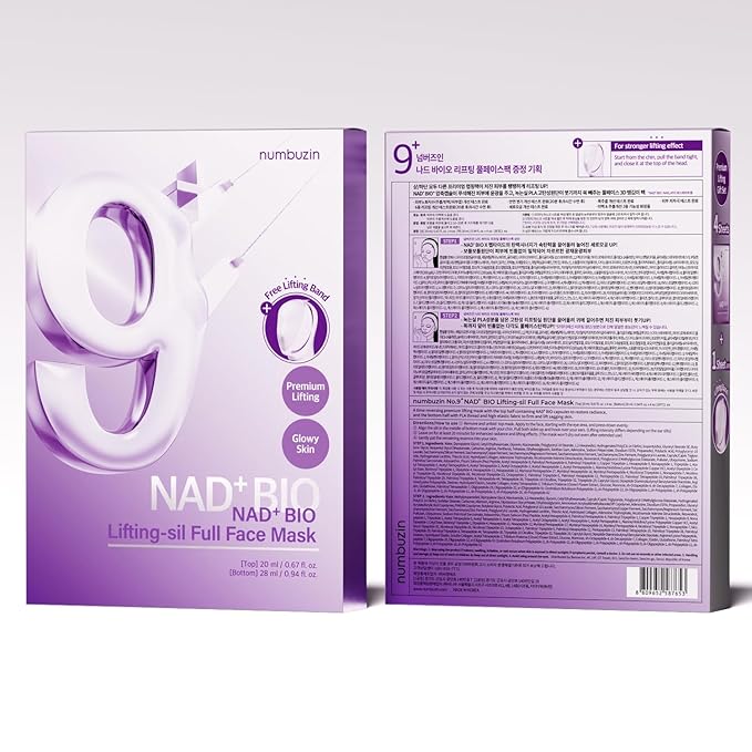 numbuzin No.9 Sheet Mask | NAD+ BIO Lifting-sil Full Face Mask | Improves Jawline, Jowls, Wrinkles, Neck Lines | Peptides, NAD+, Collagen | Skin Firmness | 4 Sheets + Lifting Band