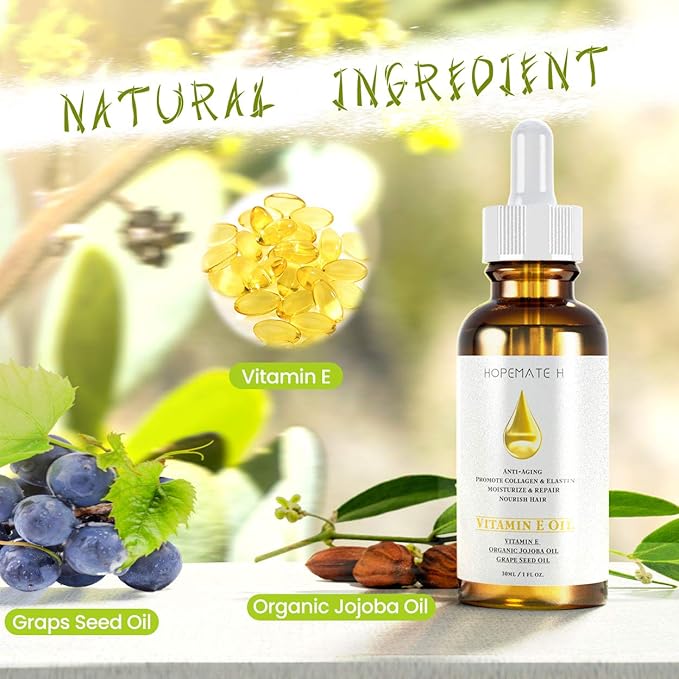 H Vitamin E Oil - Anti Aging, Reduce Wrinkles and Fine Lines for Moisturized & Youthful Skin - Pure & Natural Vitamin E Serum for Face, Hair, Nails (1 oz)