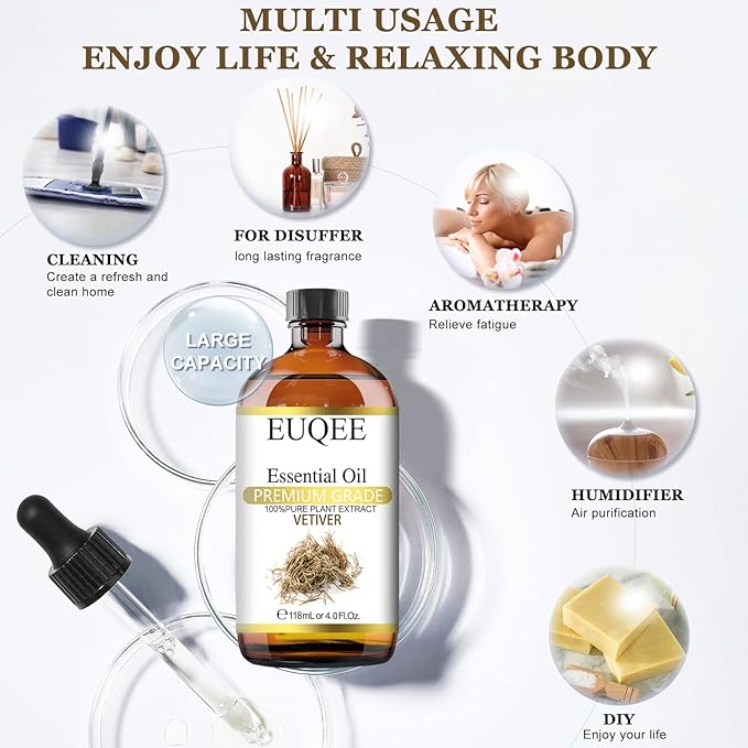 Vetiver Essential Oil 4oz/118ML Large Bottle Vetiver Oil Premium Essential Oil for Candle Making, Humidifier, Diffusers - with Glass Dropper