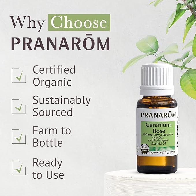 Pranarom USDA Certified Organic Rose Geranium Essential Oil (15ml), 100% Pure Undiluted Therapeutic Grade from Madagascar for Aromatherapy, Diffuser, Skincare, Relaxation, Pure Rose Scent