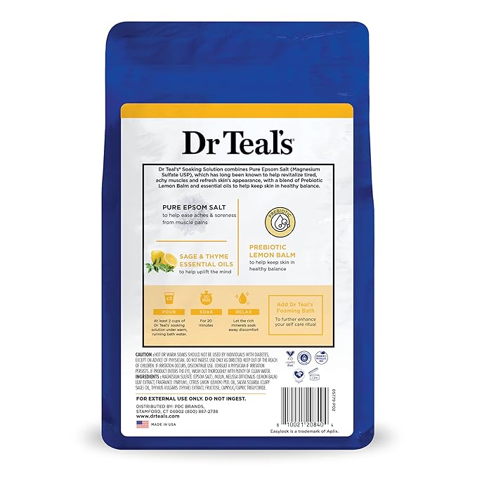 Dr Teal's Pure Epsom Salt, Prebiotic Lemon Balm & Essential Oil, 3 lbs (Pack of 4)
