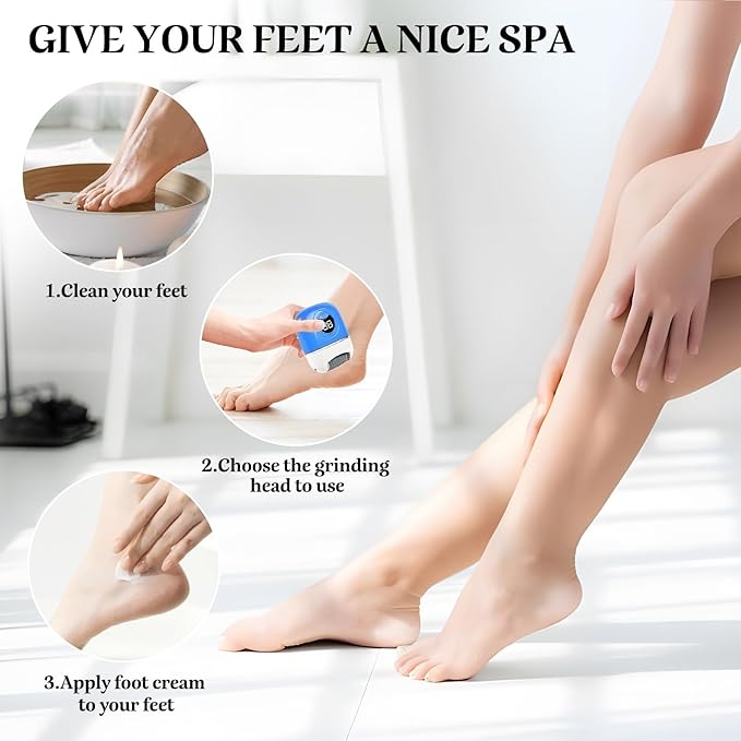 Electric Callus Remover Foot File - Rechargeable Callus Remover Pedicure Tools for Feet Foot Scrubber File Foot Care Grinder with 3 Grinding Heads 2 Speeds for Men Women Dry Callus Dead Skin (Blue)