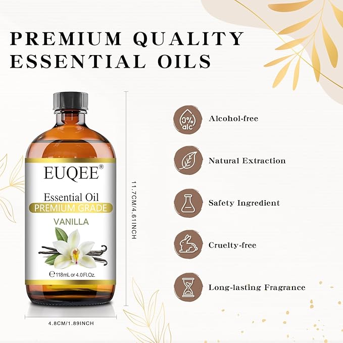 Vanilla Essential Oil 118 ml Premium Vanilla Oil with Glass Dropper, Great for Diffusers, Aromatherapy, Candle Making, DIY Soap - 4Fl.Oz