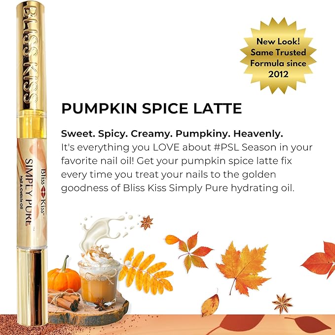 Bliss Kiss | 4 Pumpkin Spice Latte Scent Nail | Oil Cuticle Pen w/Vitamin E & Jojoba⏤Nail Strengthener Nail Growth Serum for Brittle Peeling Breaking Thin Nails