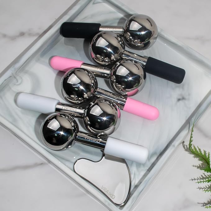 ICE Globes for Facials & Gua Sha Set, Gua Sha Facial Tools and Cryo Sticks with Unbreakable Steel, Face Massager Cooling Rollers for Dark Circles, Puffiness and Lymphatic Drainage (Black)