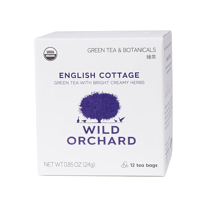 Wild Orchard Regenerative Organic Certified Flavored Green Tea - English Cottage (12 Tea Bags) - With Creamy Herbs - Regeneratively Cultivated on Jeju Island in South Korea