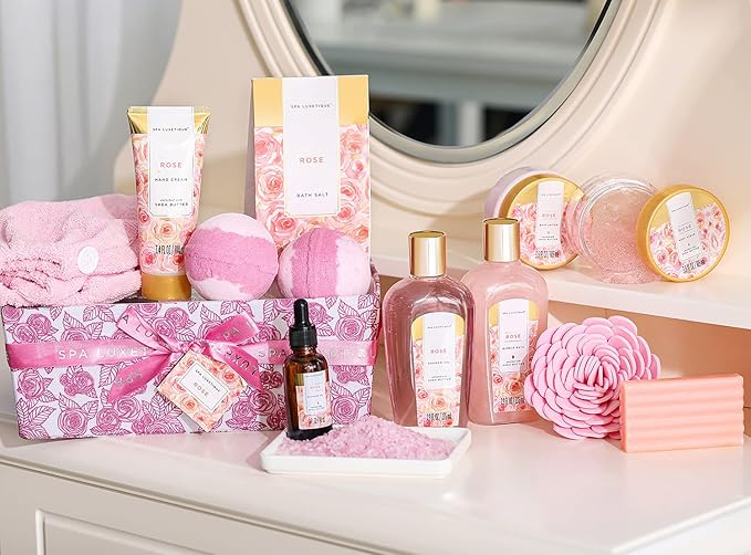 Spa Gift Baskets for Women, Spa Luxetique Bath Set, 12 Pcs Rose Gifts Set with Bu