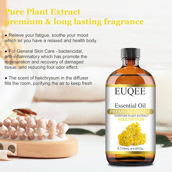 Helichrysum Essential Oil 4 oz/118 ml Large Bottle Premium Helichrysum Oil with Glass Dropper - Great for Diffusers, Humidifier, Candle & Soap Making