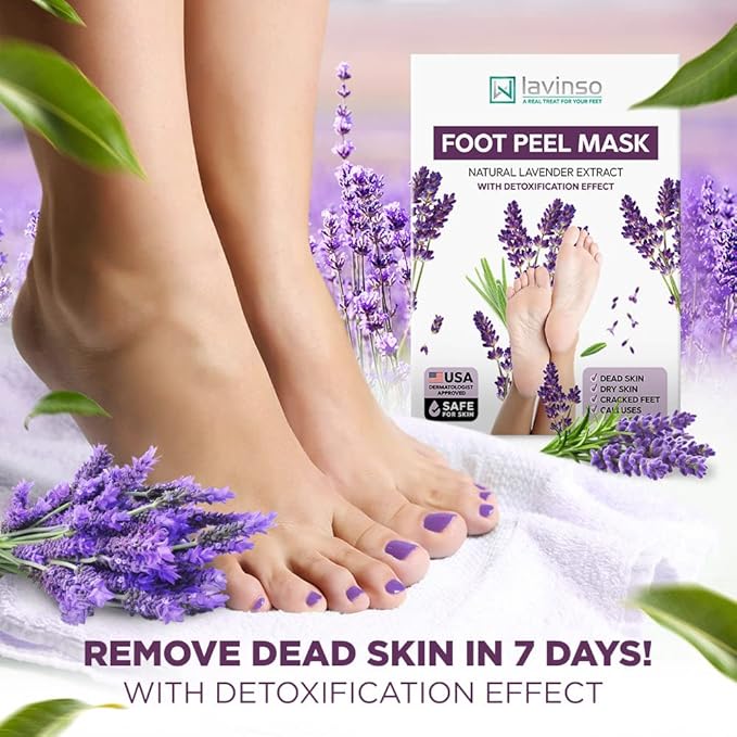 Lavinso Lavender Foot Exfoliator Peeling Mask for Dry Cracked Feet - 3 Pack - Remove Dead Skin and Callus - Foot Peel Mask for Baby Soft Feet
