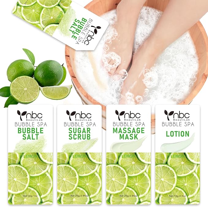 Pedicure Kit Foot Soak Set: Bubble Salt, Sugar Scrub, Massage Mask, Massage Lotion in a Box, 4 Step Foot Spa Kit for Dry Feet,Tired Feet(1 Set Lemon)