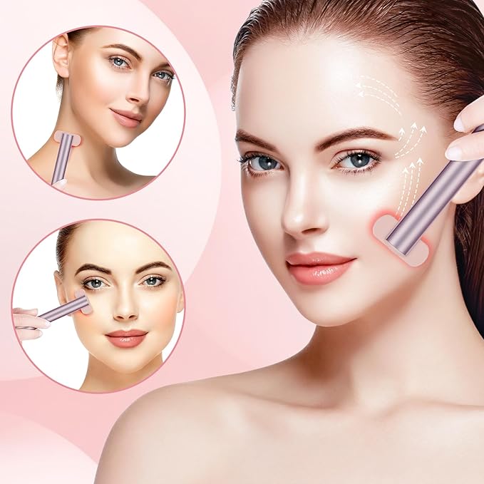 Red Light Therapy for Face,Facial Wand 4 in 1, Red Light Therapy Wand with Microcurrent, Face Lift Device for Face Massager to Reduce Wrinkles, Anti-Aging Facial Tools, USB Rechargeable (Pink