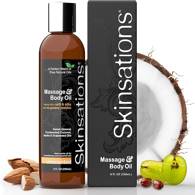 Skinsations - Unscented Massage Oil for Massage Therapy - 8oz | Silky-Soft Blend of Sweet Almond, Fractionated Coconut, Grapeseed and Jojoba Oil | Scented Body Oil, Sore Muscles, Aromatherapy