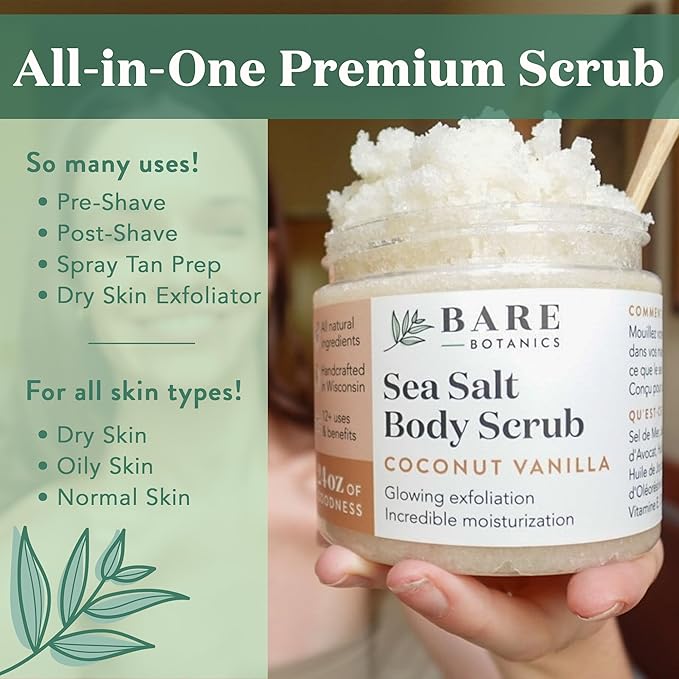 Bare Botanics Matcha Eucalyptus Body Scrub 24 oz - Naturally Scented Sea Salt Scrub Made in Madison, WI - Formulated w/Skin Loving Moisturizers - Vegan, Cruelty Free Exfoliator w/a Cute Wooden Spoon