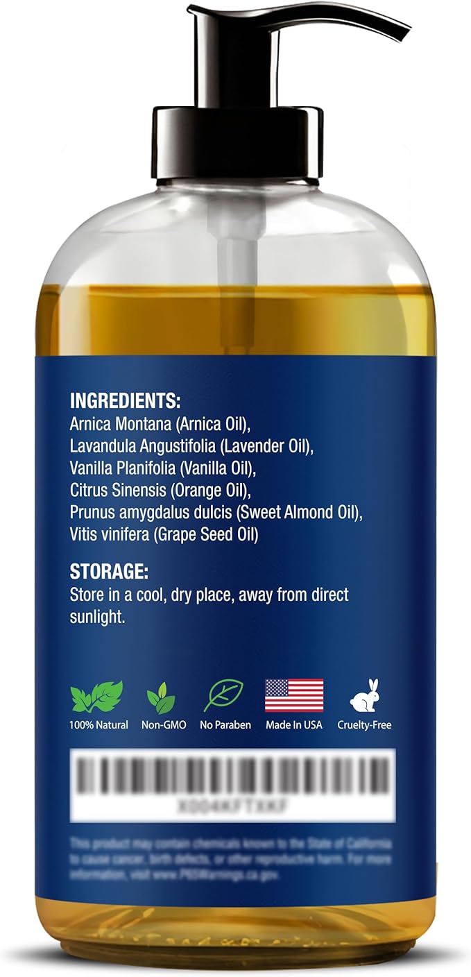 Lymphatic Drainage Massage Oil 8 fl oz - Facial Lymphatic Massage - Muscle Relief & Natural Detox - Arnica, Lavender, Vanilla & Orange - Nexon Botanics