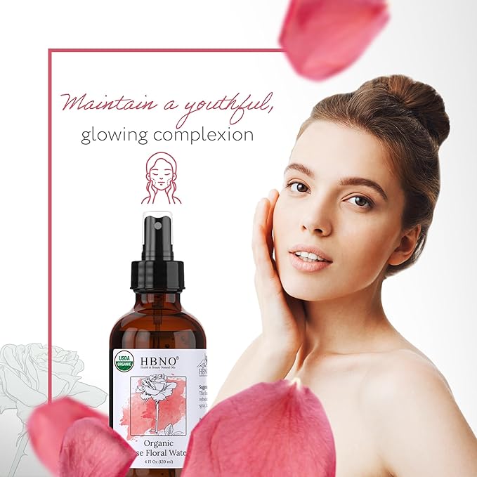 HBNO California Bottled Organic Rose Water for Face 4 fl oz (120ml) - USDA Certified Organic Rose Water Spray for Face - Pure Rose Water for Hair - Rosewater Face Mist, Rose Water Spray for Cleansing