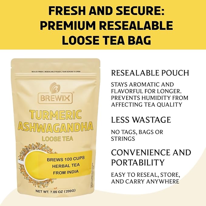 BREWIX, Turmeric Ashwagandha Herbal Tea Loose Leaf (100+ Cups, 7.05oz/200g) Real Ingredients From India, Caffeine Free & Naturally Gluten Free