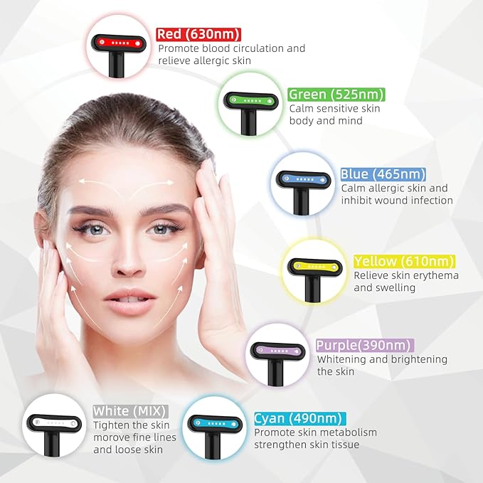 Led-Light-Therapy, 7 Color Face Skincare Wand with Facial Massager LED Face Skin Rejuvenation for Face & Neck & Eye Skincare Equipment Red Light Wand