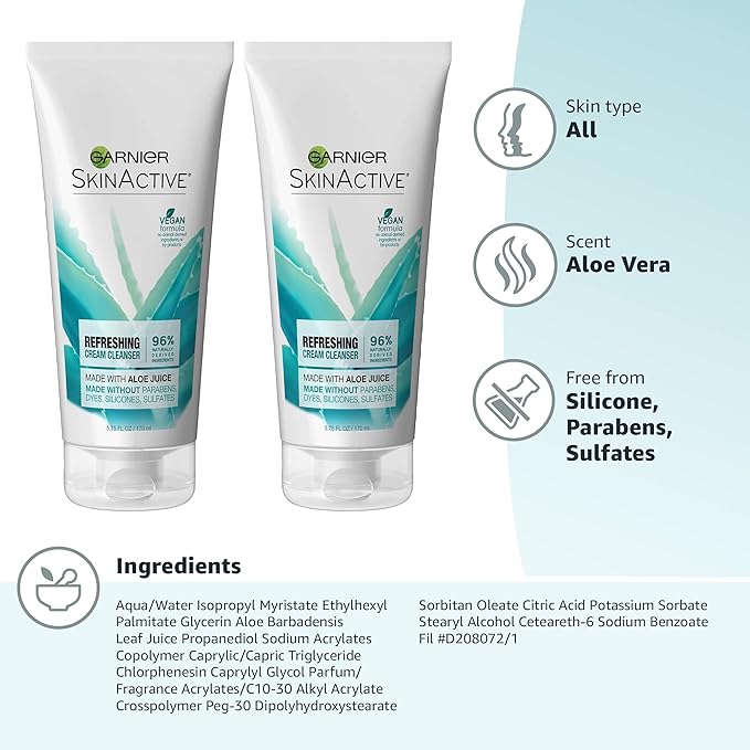 Garnier SkinActive Cream Face Wash with Aloe Juice, Dry Skin, 2 Count
