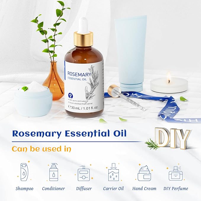 HIQILI Rosemary Essential Oil, for Hair Growth, Scalp, Add to Shampoo & Conditioner, 100% Pure & Natural - 1 FI Oz