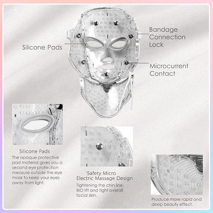 LED Face Mask Light Therapy - 7-Color Professional Facial Skin Care Mask for Anti-Aging, Wrinkle Reduction & Glowing Skin | At-Home Salon with Red, Blue, Green, Yellow, Purple & White Light
